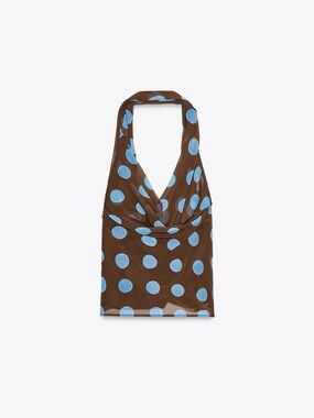 Brown + Blue Polka Dot Halter Top with Scarf Detail